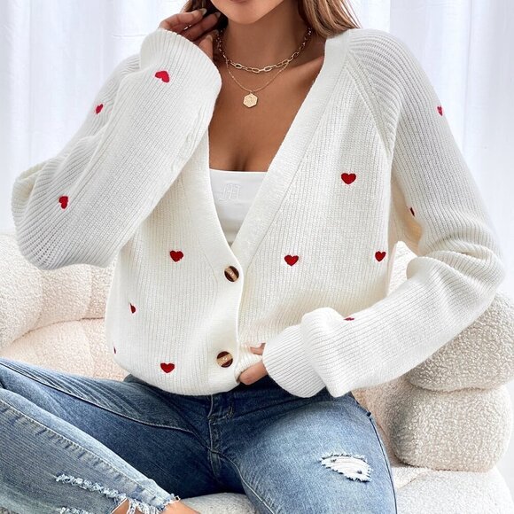 Beige Casual Women's Heart Embroidery Button Front Cardigan - Picture 1 of 6